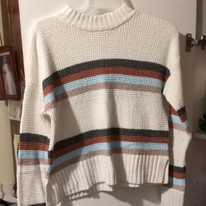 SO White and Brown Cowl Neck Sweater with Ribbed Detailing